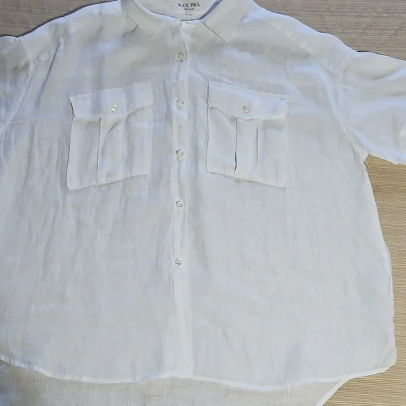 ALEX MILL Utility Shirt White  100% Linen Blouse Sz L N  Pockets Academia Preppy - Picture 2 of 5